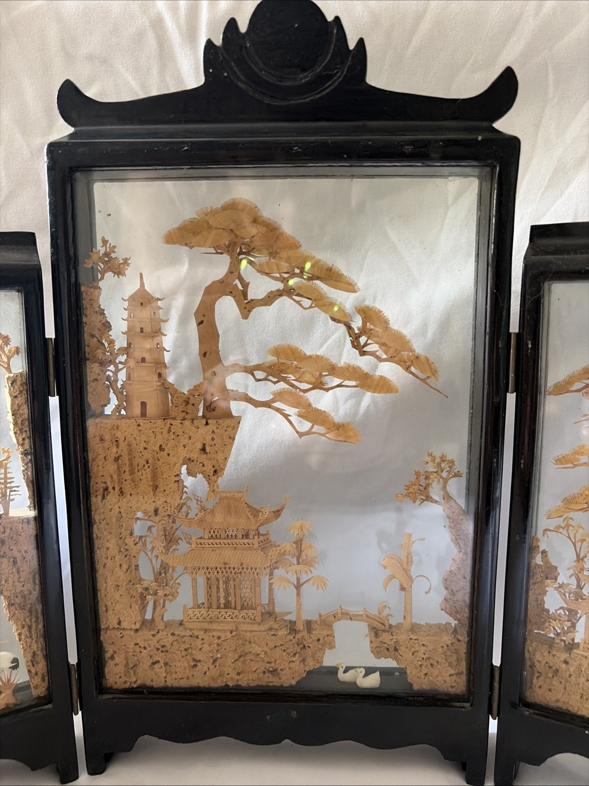 Chinese Carved Cork Nature Scenes 5 Panel Pandas Ducks Cranes Pagodas