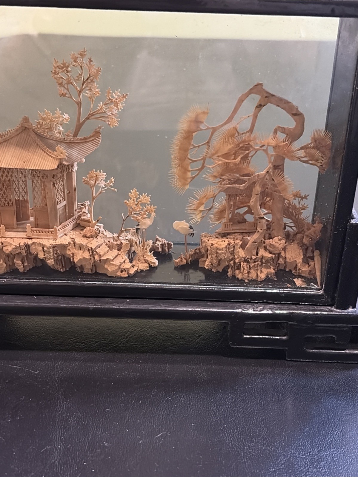 Vintage Chinese Hand Carved Cork Diorama with birds Framed Glass Wood