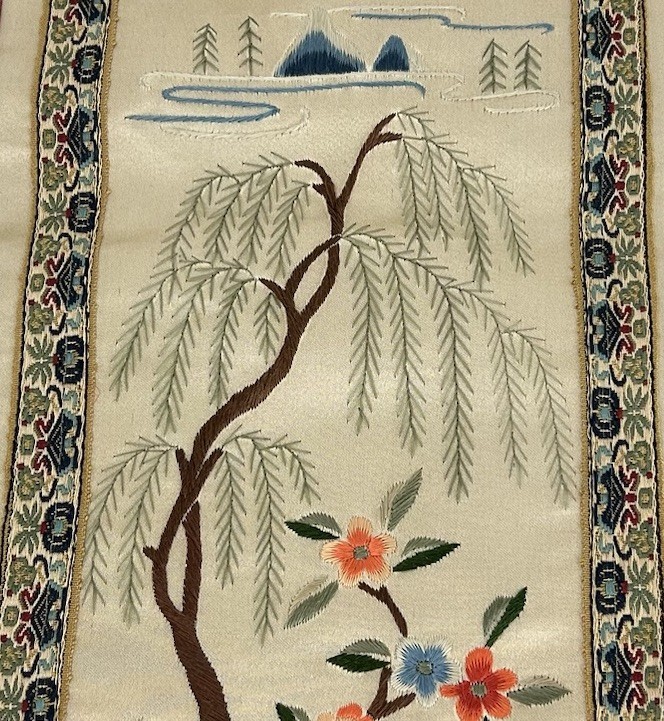Vintage Asian Silk Panels Embroidery Needlepoint Wall Hanging Set Lot Pair 2