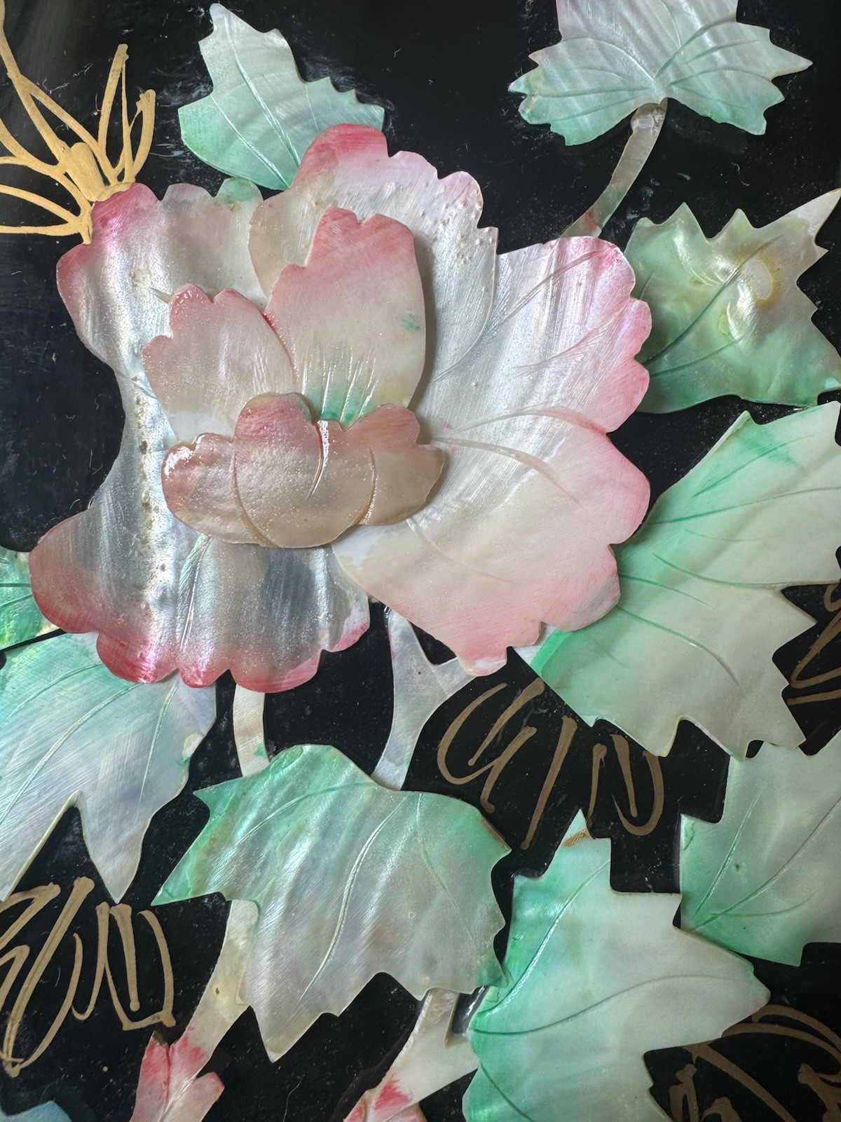 Vintage Chinese Black Lacquer Mother of Pearl Inlay Wall Panel Birds & Flowers