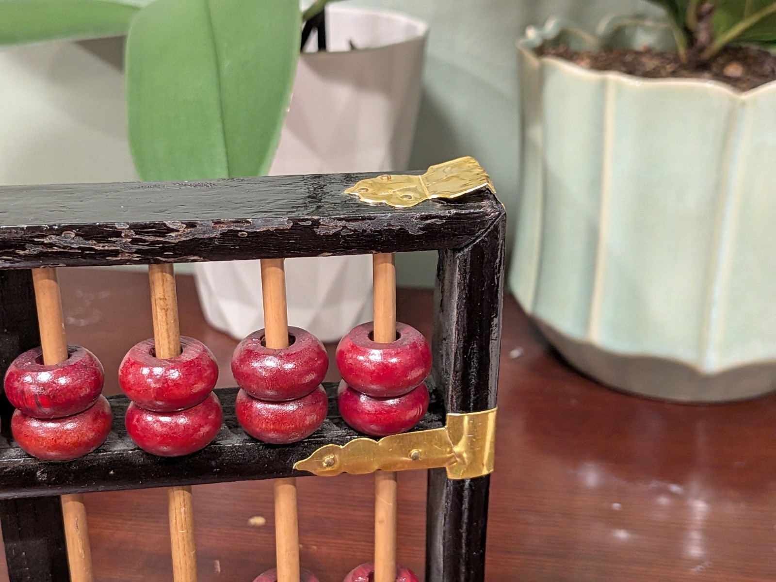 Vintage Chinese Abacus Wood & Brass Lotus Flower Brand Calculator 13 Row 91 Bead
