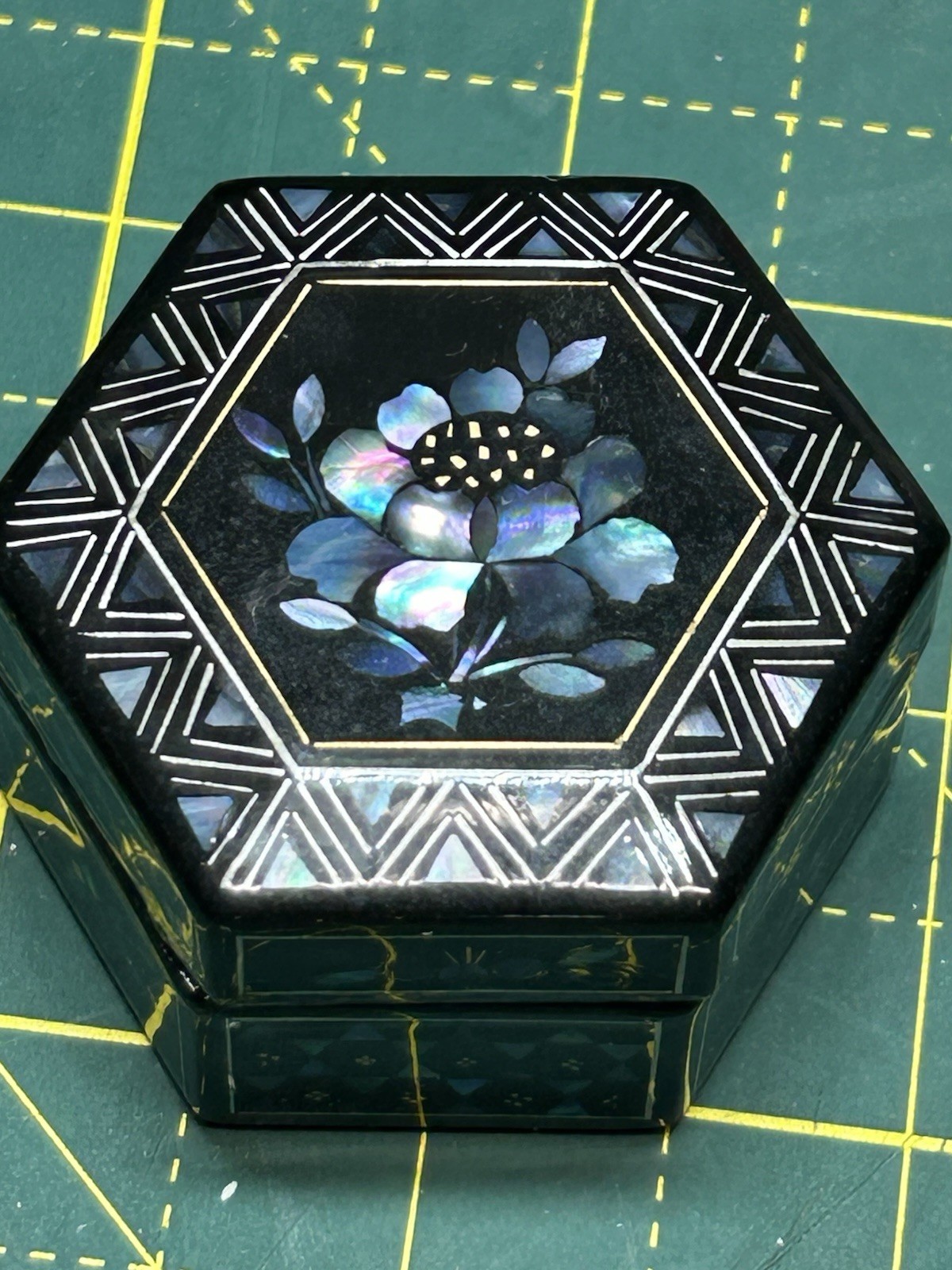 Vintage Hexagonal Mother of Pearl Inlay Lacquer Box Floral Geometric