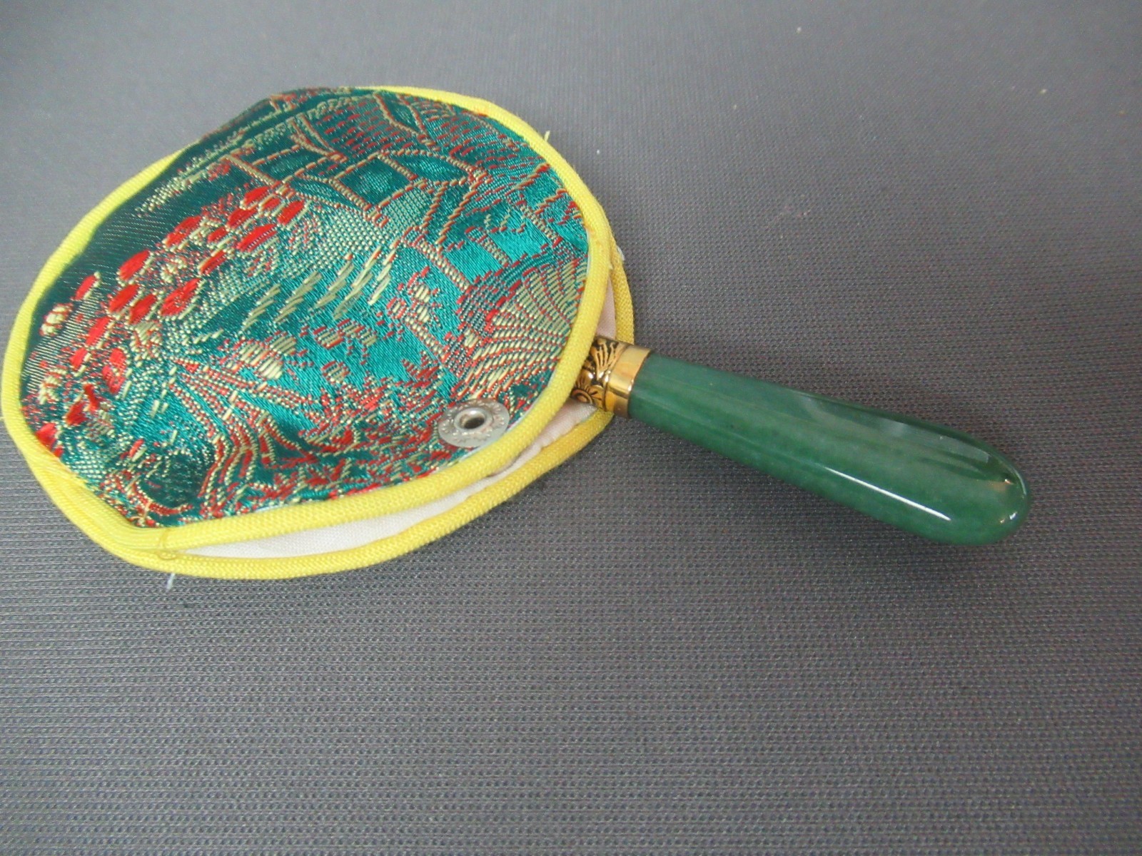 Vintage Chinese Small Hand Mirror Jade Handle Gold Tone Gemstones w/ Cover g6 bz