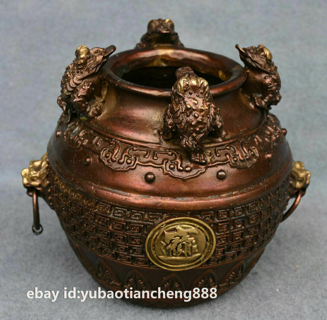 Chinese Folk Bronze Golden Toad Spittor wealth Beast Head Statue Tank Jug Jar