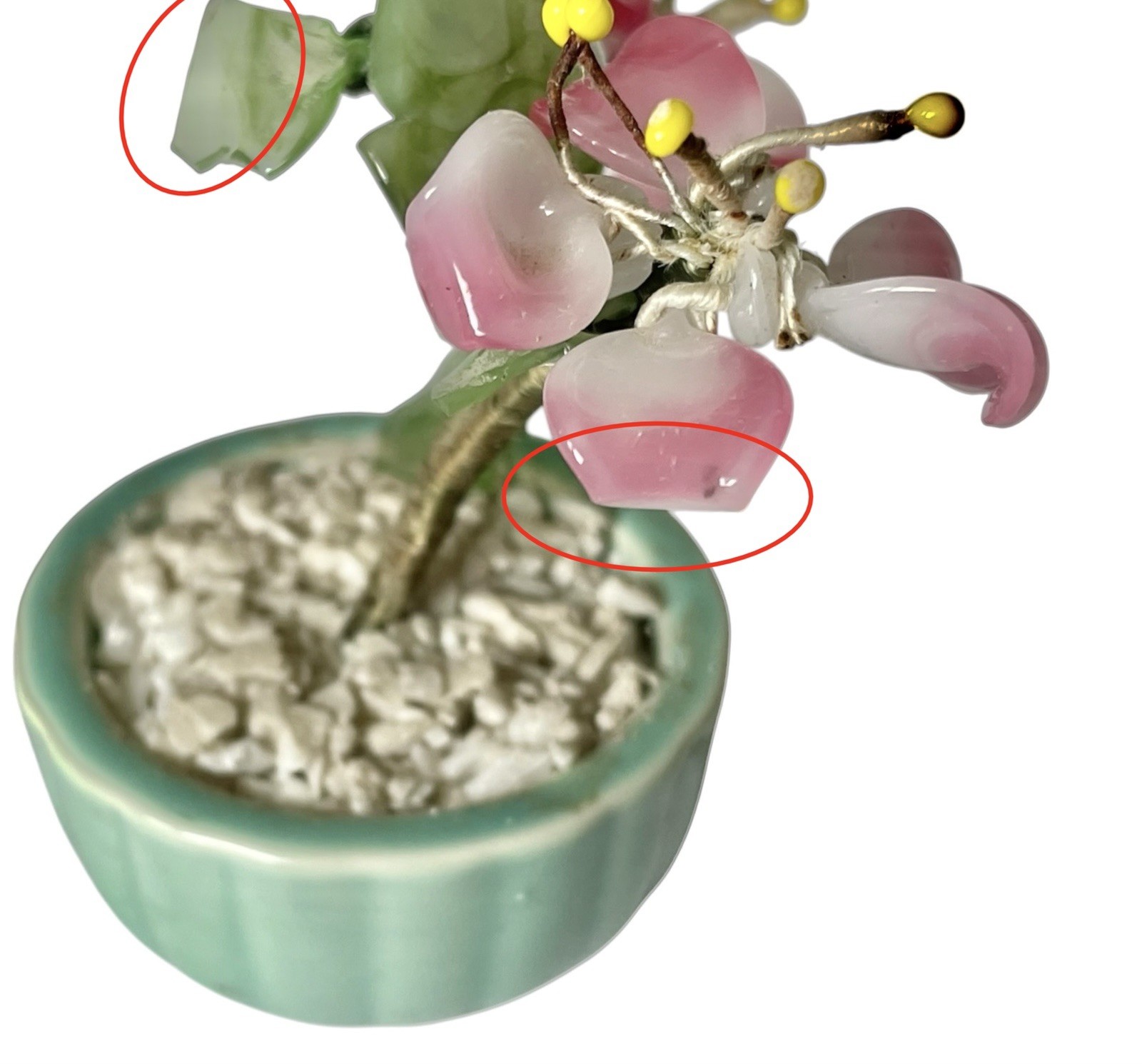 Lot of 3 Vintage Mini Jade Glass Flower Bonsai Tree Celadon Green Pot 3”