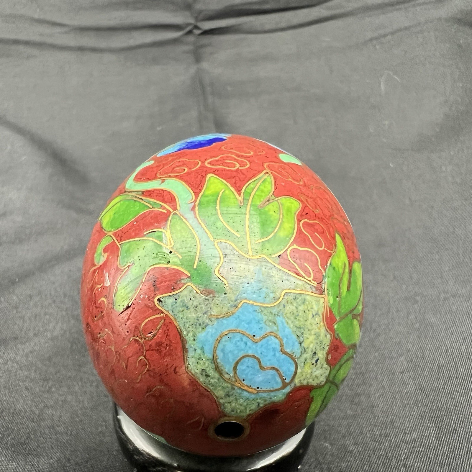 Vintage Chinese Cloisonne Enamel Egg Pair Red Blue Floral w Wood Stands
