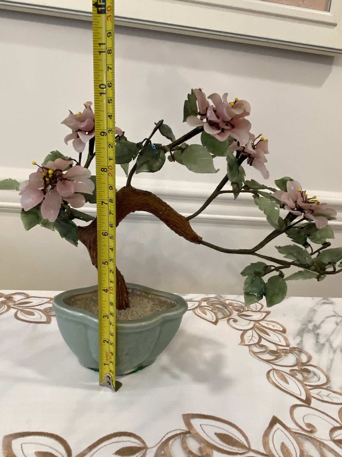 Vintage Japan Art Glass Jade Bonsai Tree with pale pink flowers 9.5” H x 11”W.