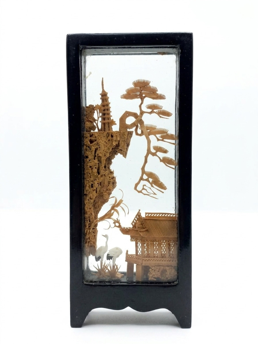 Vintage Chinese Cork Diorama Folding Screen Carved Art Lacquer Wood 3 Panel