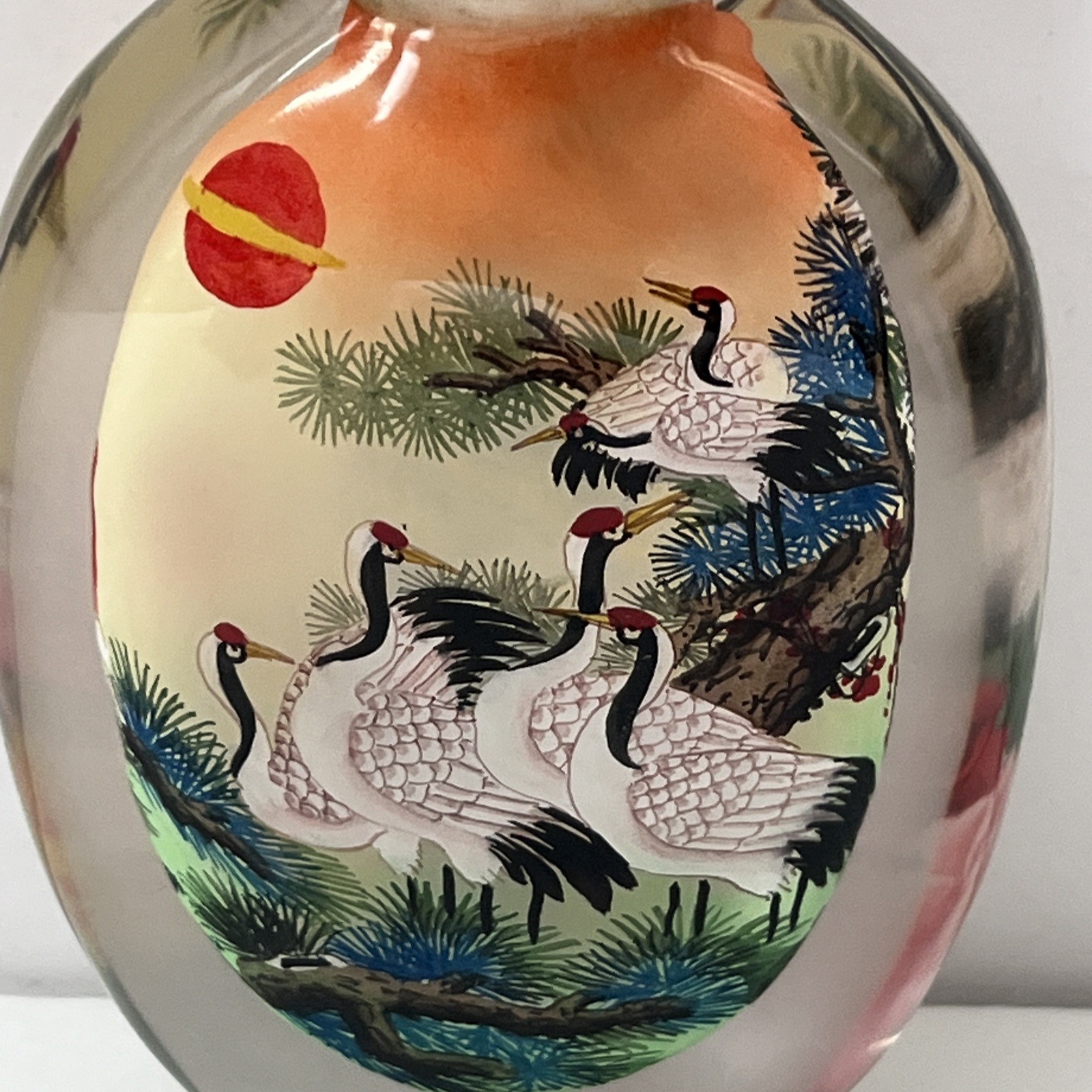 Vintage Chinese Reverse Painted Glass Snuff Bottle Crane Peony Pine Tree