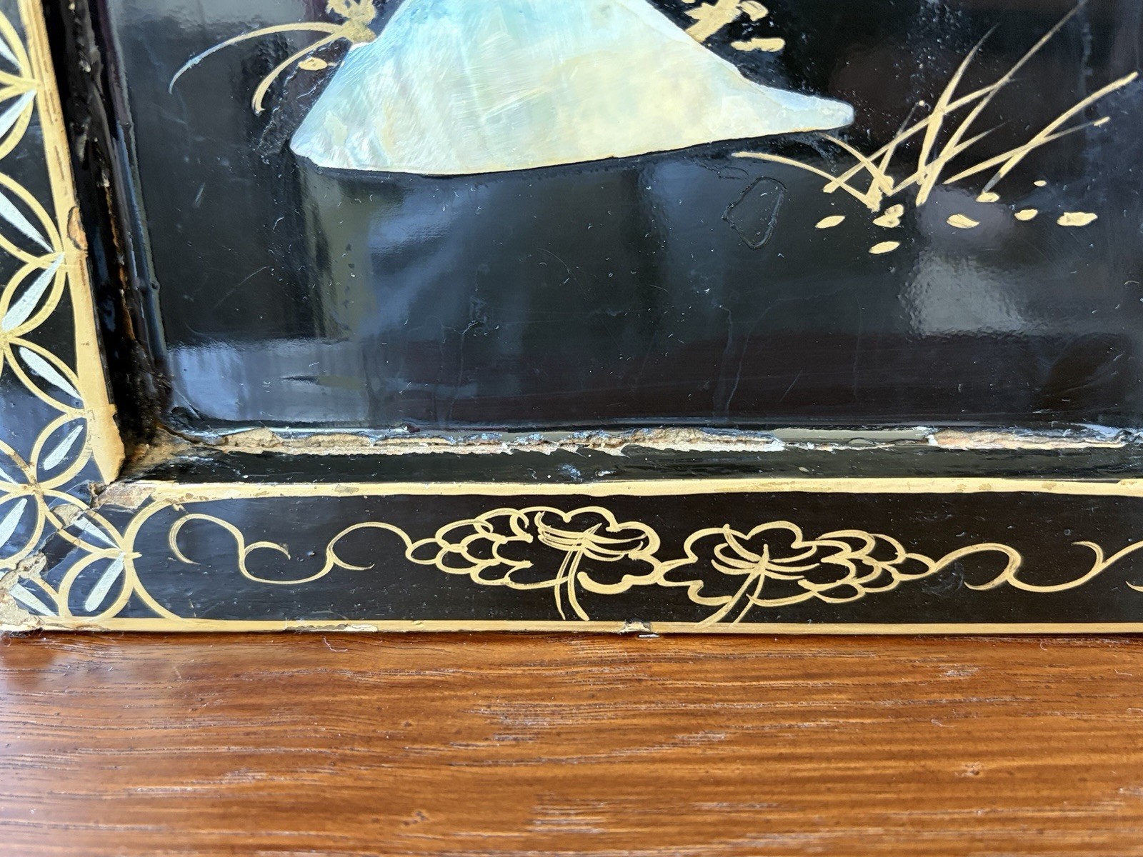 2 Vintage Asian Mother Of Pearl Inlay Black Lacquer Wooden Wall Panels