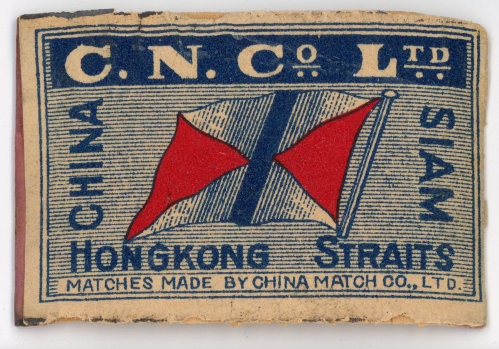 1930-40’s HONG KONG STRAITS C.N., FLAG, CO CHINA SIAM MATCHBOOK LABEL AD (a) F1b