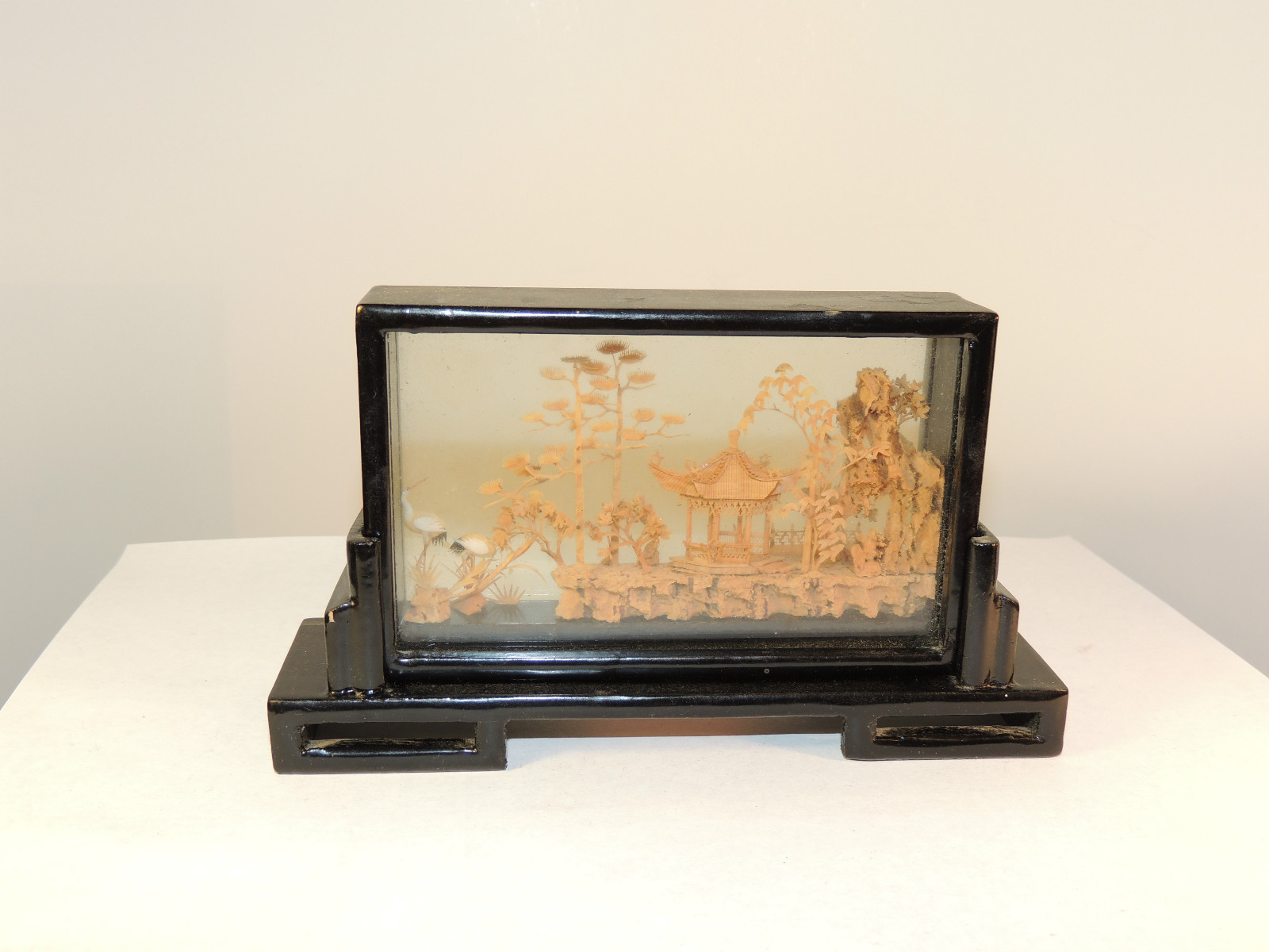 Hand Carved Oriental Scene in Wooden Holder (4542)