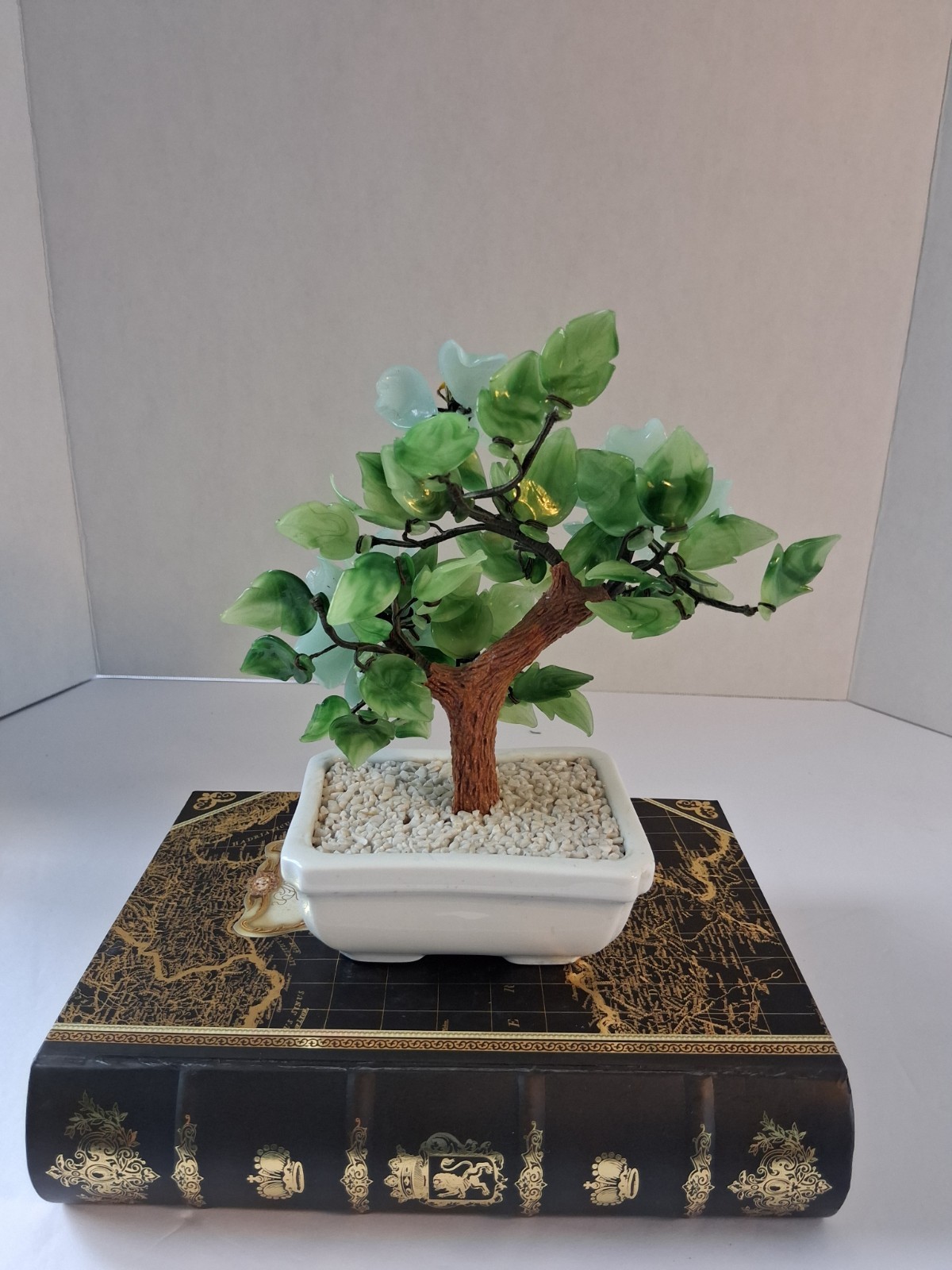 Vtg 1980’s Aqua Blue Peking Glass Blossomed & Jade-Stone Leaf Bonsai Tree; EUC!