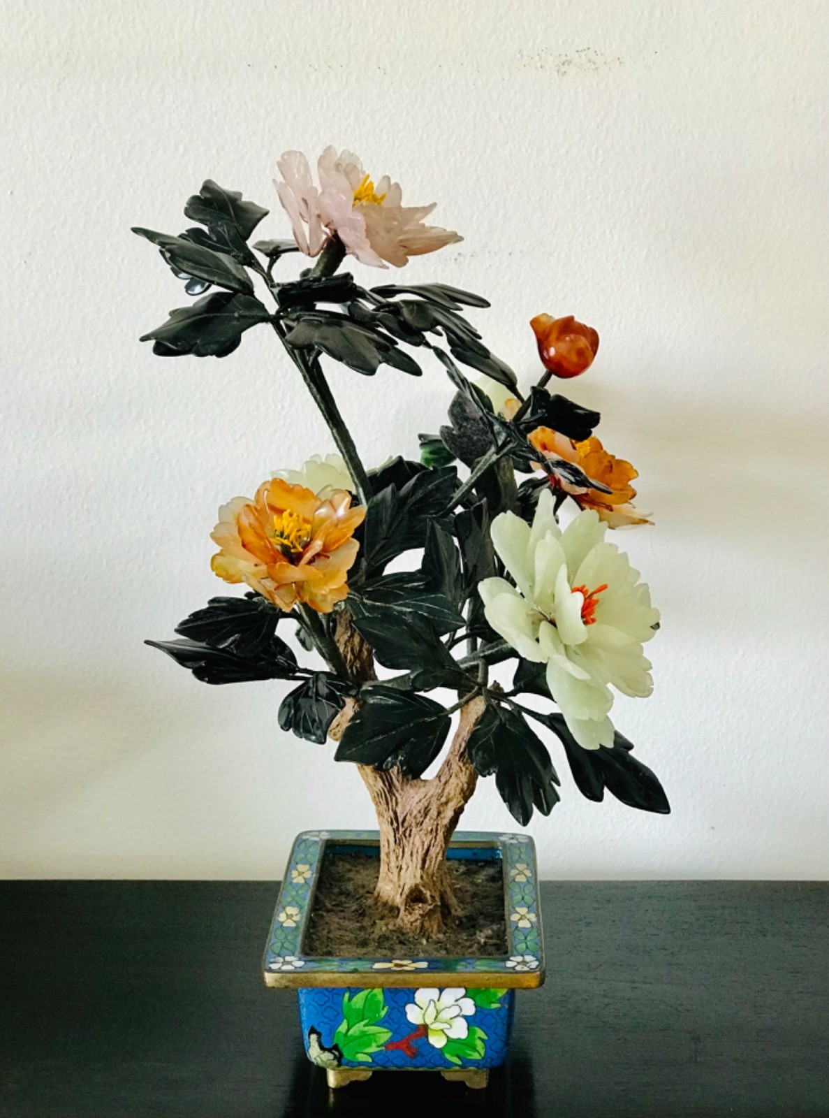 Chinese Vintage Jade Flower Tree in Cloisonne Pot 14″ Inches Tall