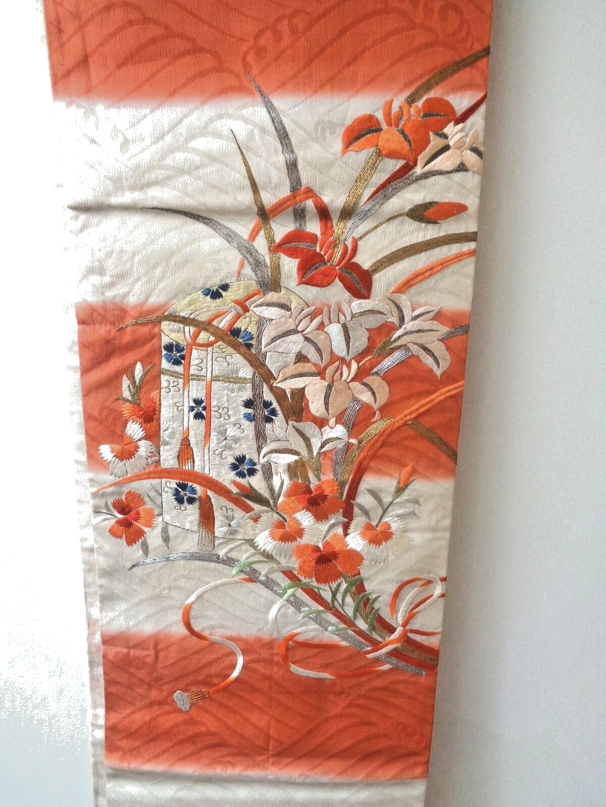 VINTAGE 1930-1940 JAPANEESE SILK WALL HANGING OR RUNNER X-LONG SIZE168 X13 IN