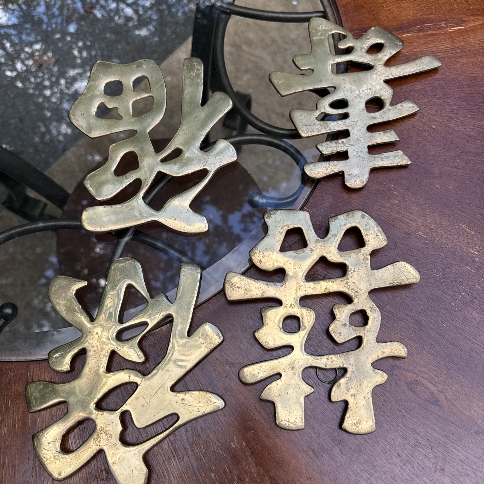 Vtg Chinese Brass Symbols (4) Wall Hanging/Trivet – Long Life – Good Luck 10″