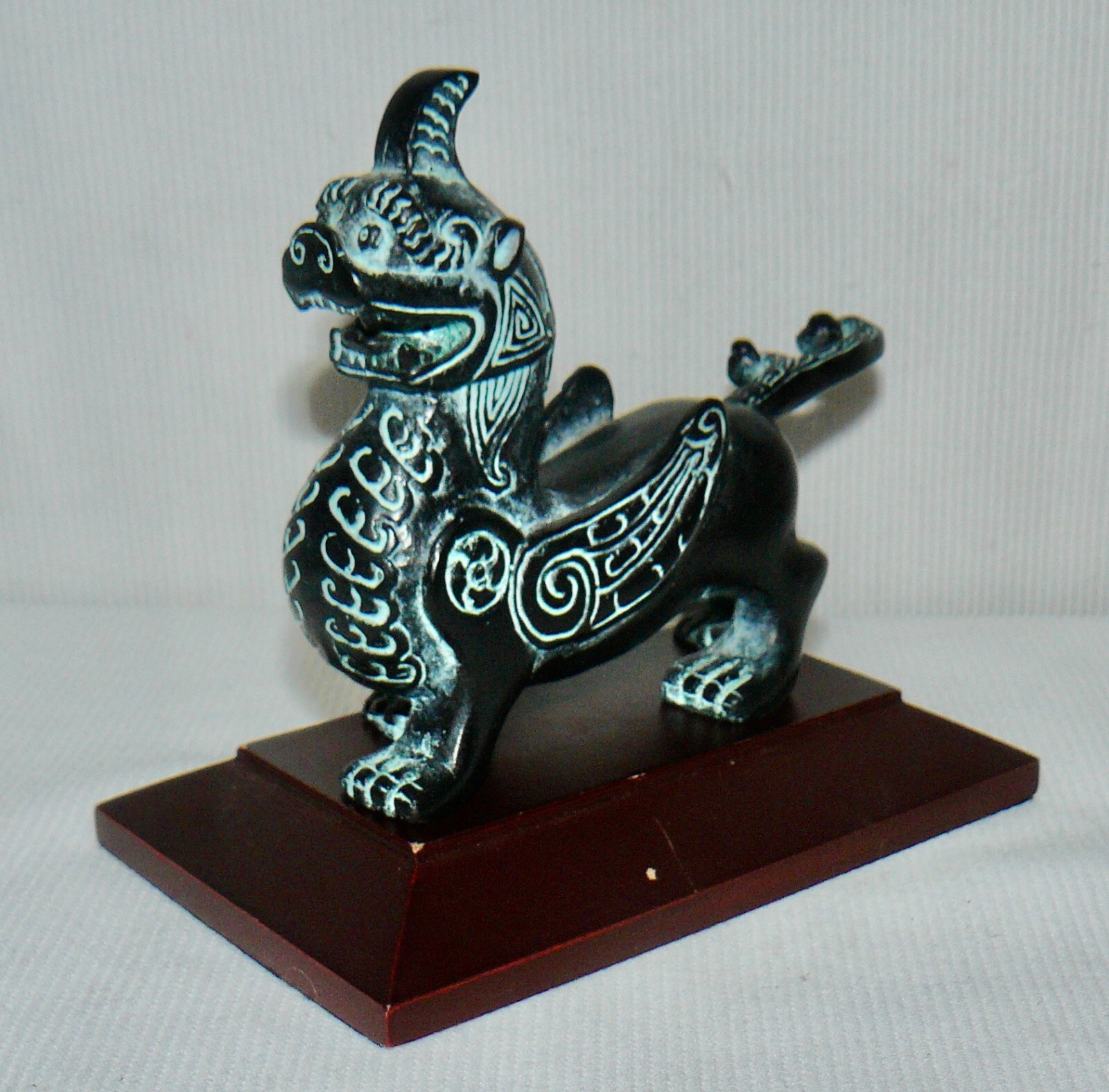 Chinese Bronze Griffin On Wood Stand 5×5″ Hollow