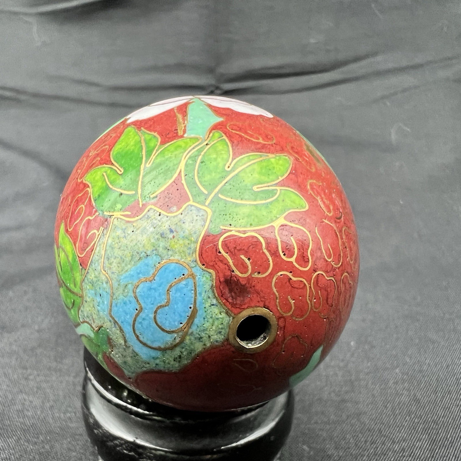 Vintage Chinese Cloisonne Enamel Egg Pair Red Blue Floral w Wood Stands
