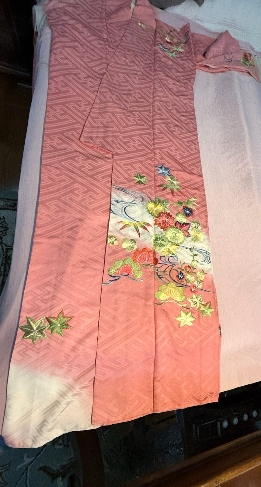 Vintage Japanese Coral Pink heavy Floral Embroidery Silk Furisode silk Lining