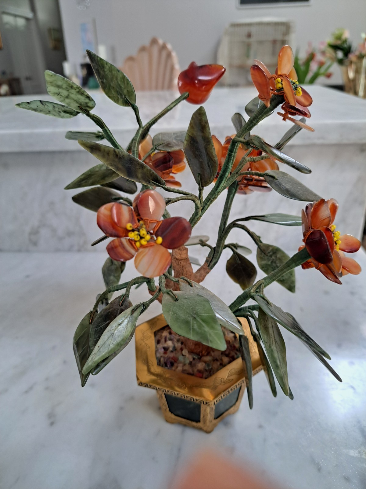 Vintage! Jade gemstone potted flowers With Brass Pot And Jade Decor.