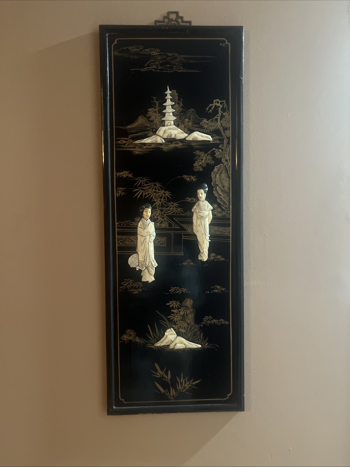 VTG 2 Asian Oriental BLACK Lacquer “Mother of Pearl Ivory Tone”Panels FREE SHIP