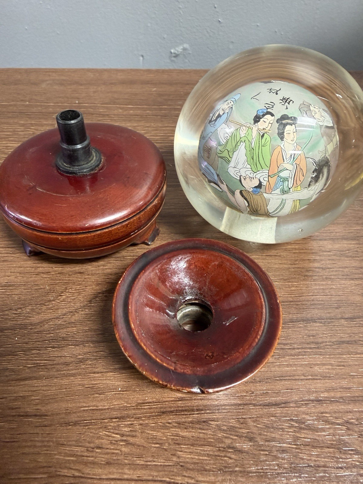 Vintage Chinese Hand Painted Reverse Art Glass Globe With Stand