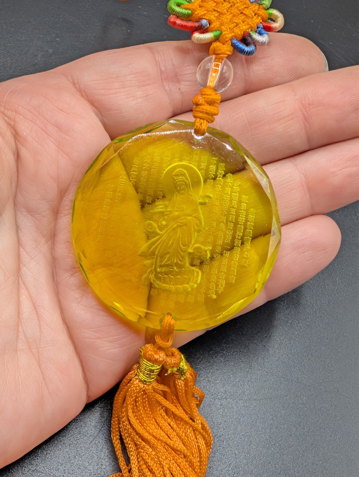 Reversed Carved Chinese Goddess Yellow Glass Tassel Hanging