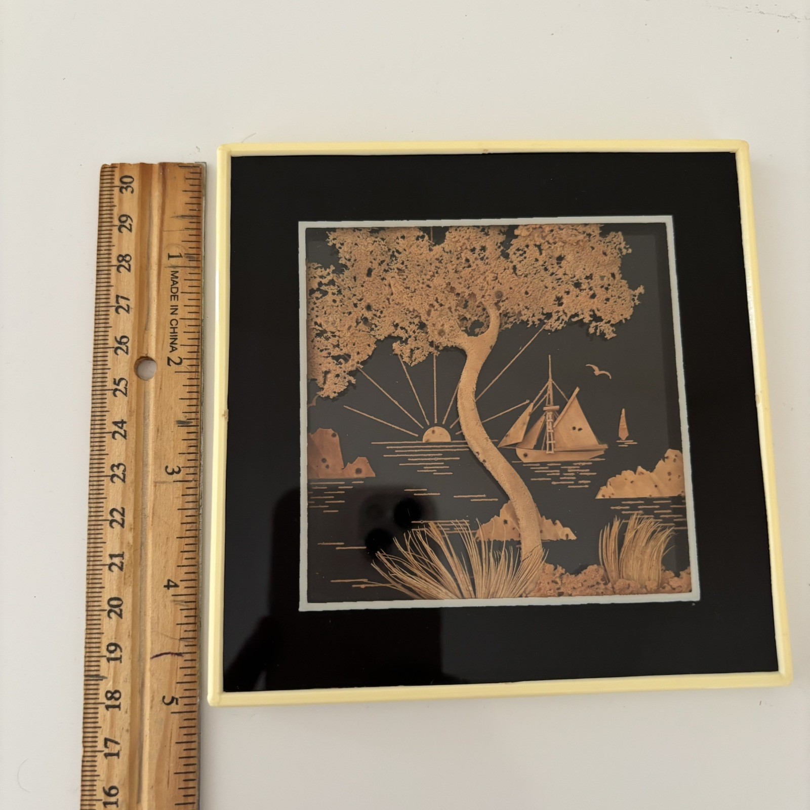 MCM Vintage Asian Diorama Cork Art Tree Boat Sunset 3D Framed 5 x 5″