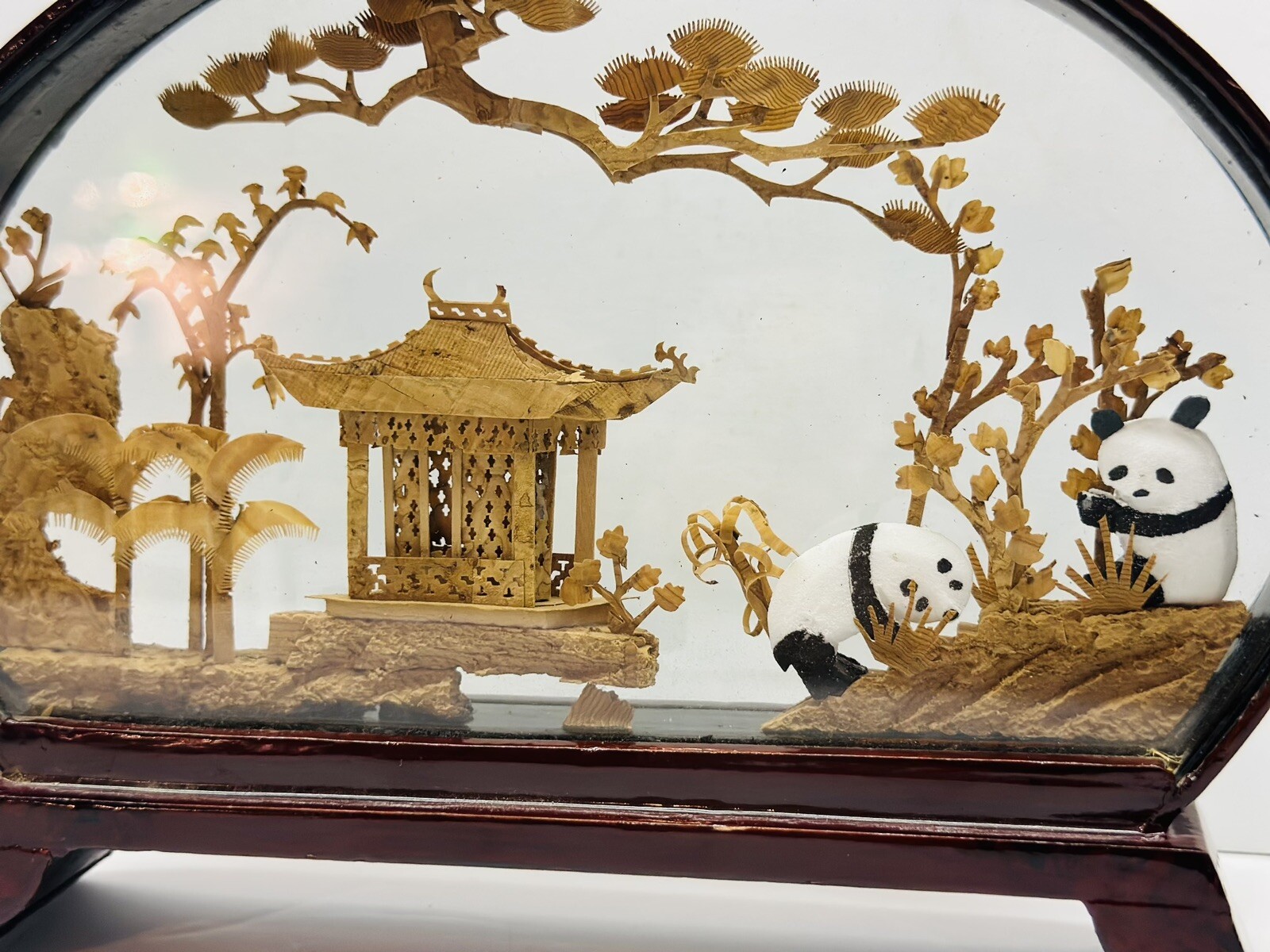 Vintage Chinees Hand Carved Cork Diorama Lacquer Cherry Wood With Pandas 8″ x 6″