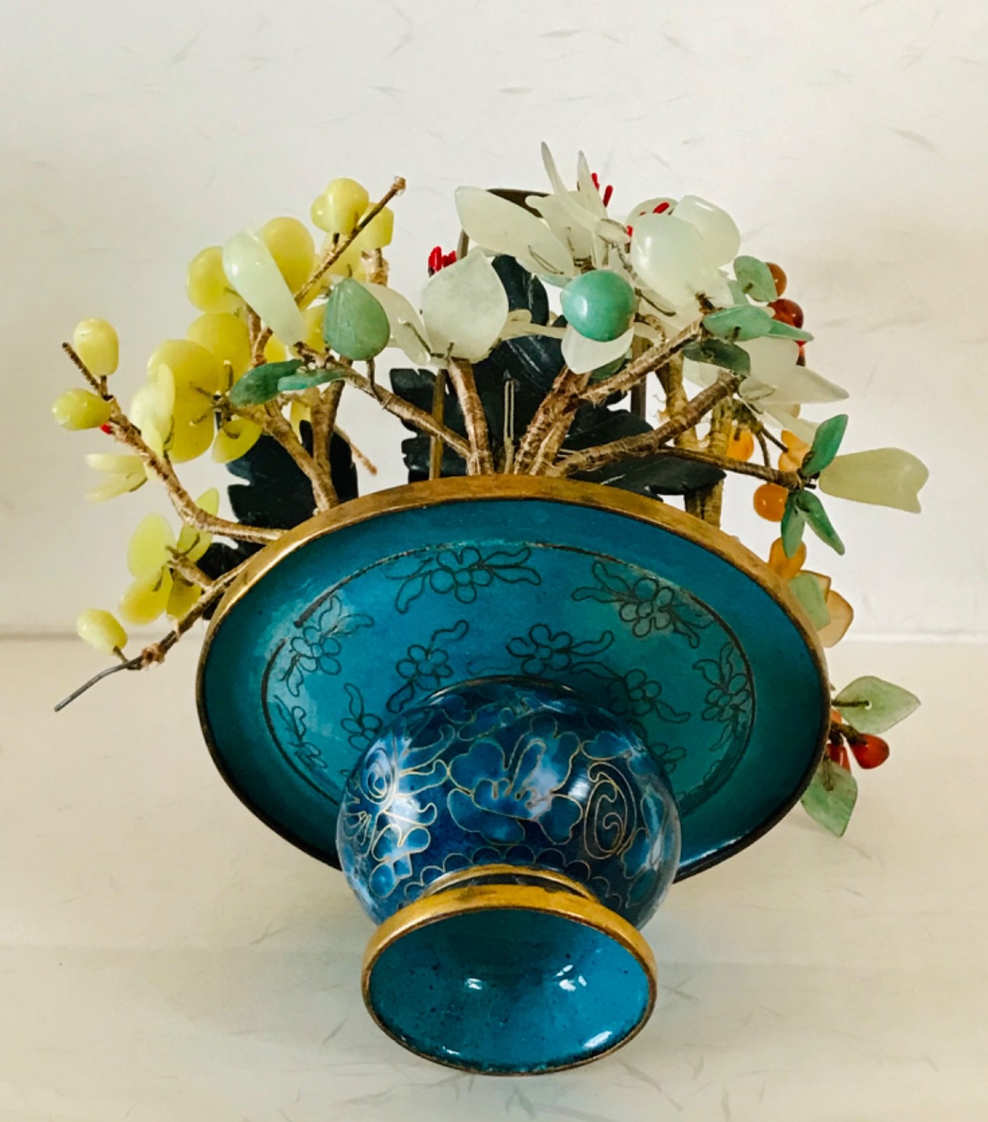Chinese Cloisonne Jade Tree Flower Basket 8″ Inches Tall