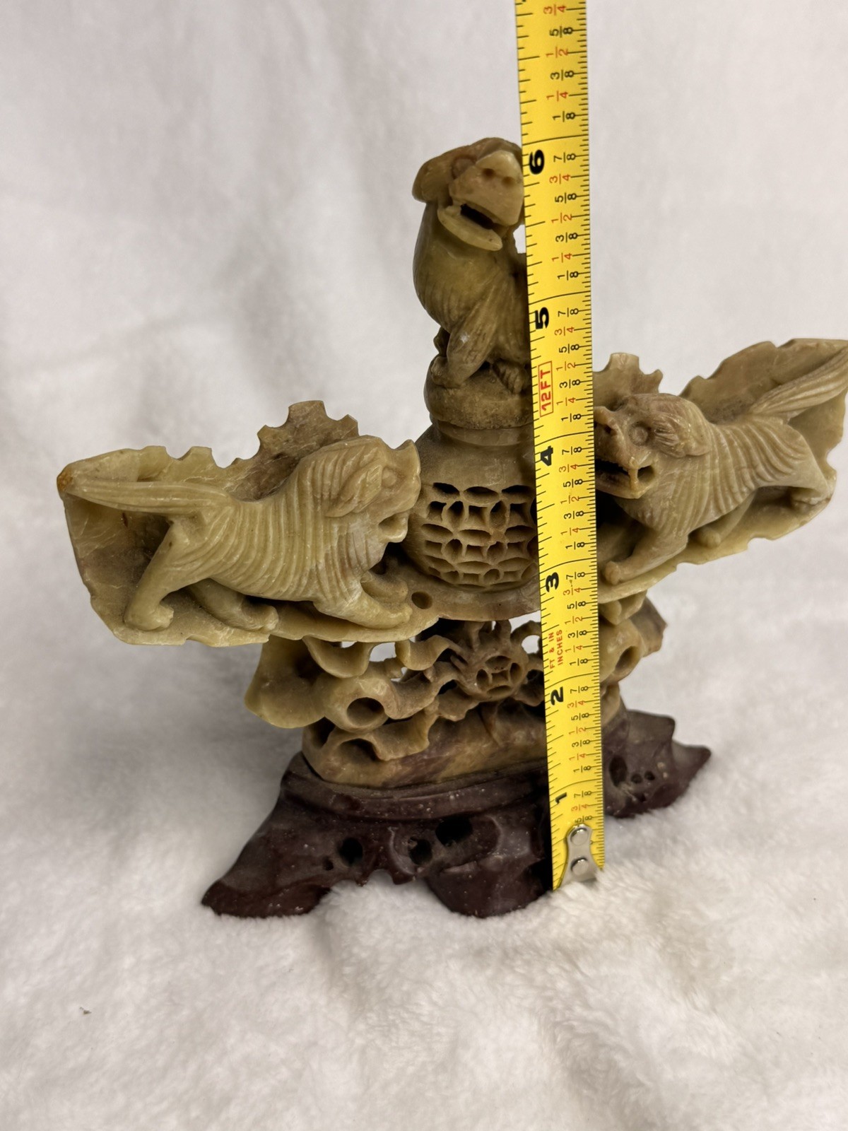 VINTAGE HAND CARVED SOAP STONE INCENSE BURNER FOO DOGS/LIONS CHINA 6 x 6