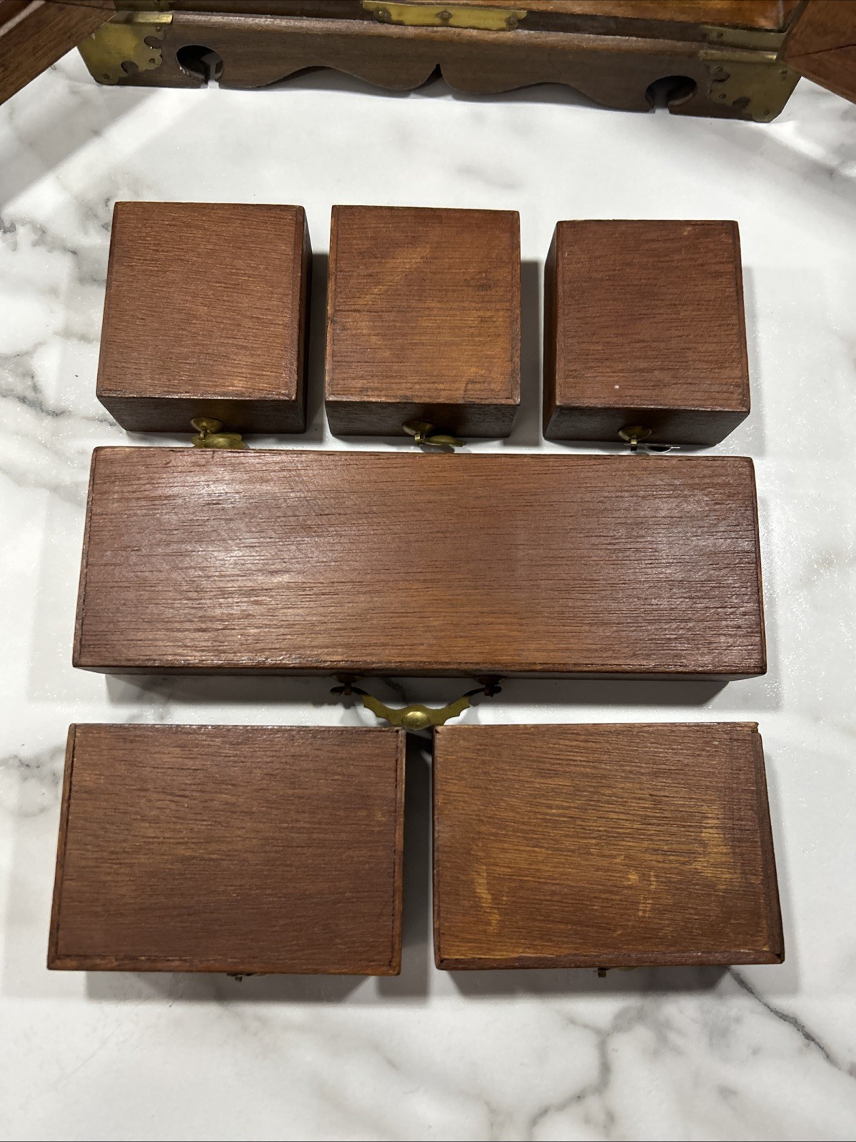 VTG CHINESE ASIAN WOOD & BRASS JEWELRY BOX CHEST 2 TURTLE WOOD DOORS & 6 DRAWERS