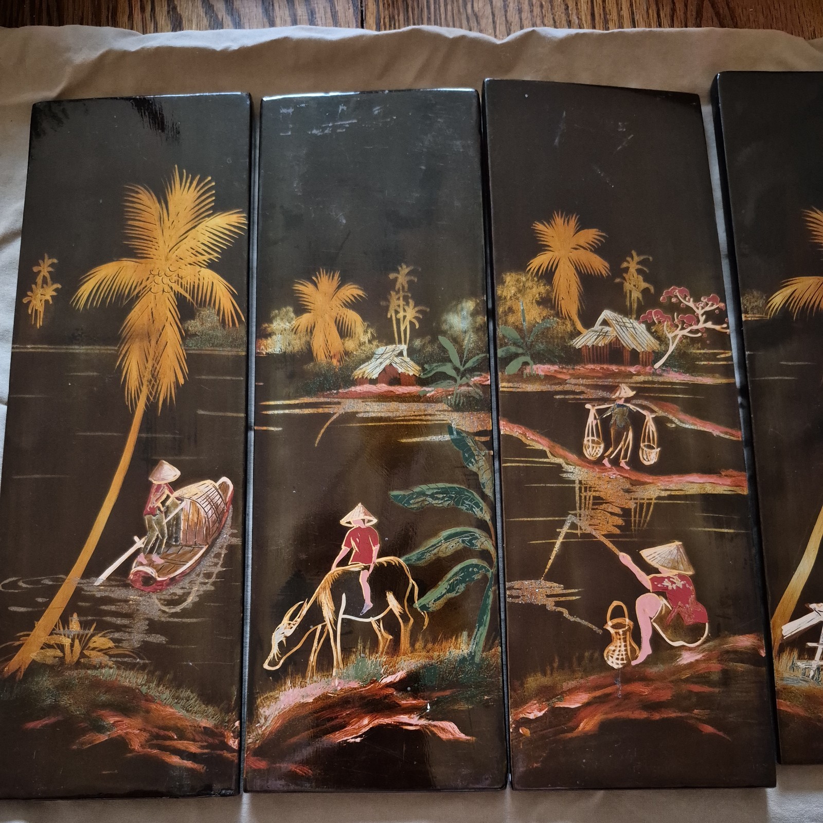 4 Vintage Asian Vietnamese Hand Painted Black Lacquer Wall Art Plaque Panels