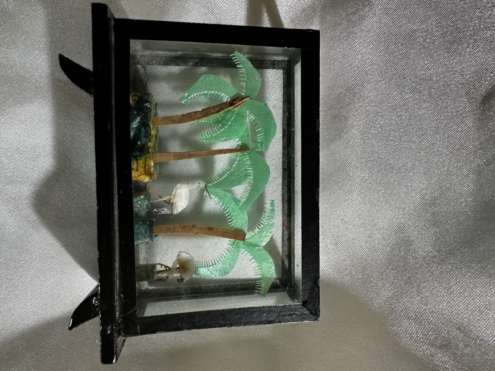 Vintage Chinese Cork Carving Diorama 3D Shadow Box Glass Frame Miniature Cranes