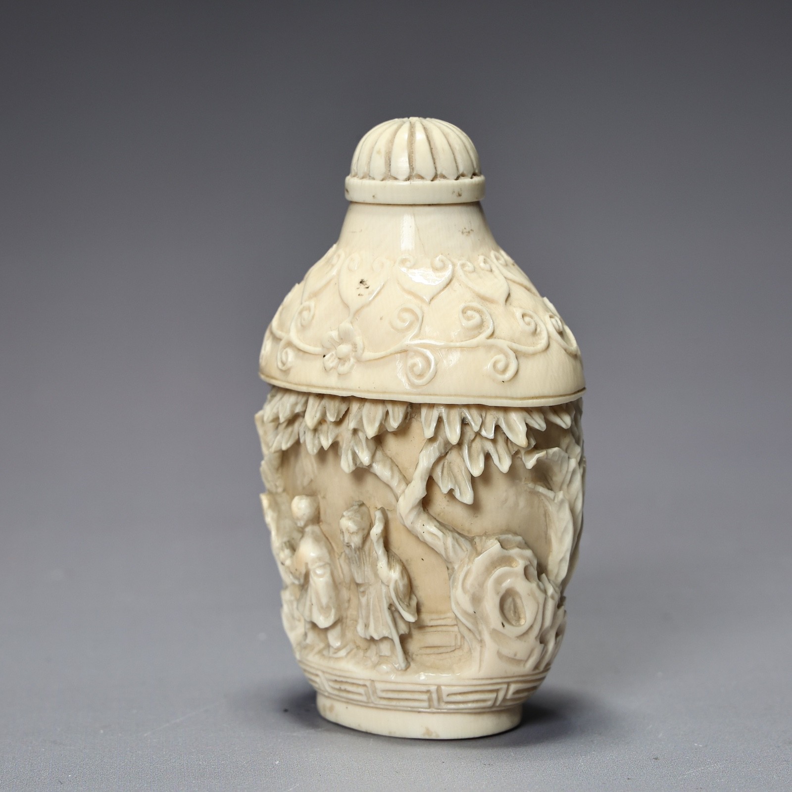 Vintage Hand Made White Carved Snuff Bottle With Figurine