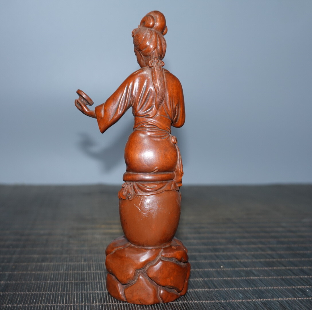 6.3″ Collect China Boxwood Carving Beauty Beautiful Woman Looking Mirror Statue