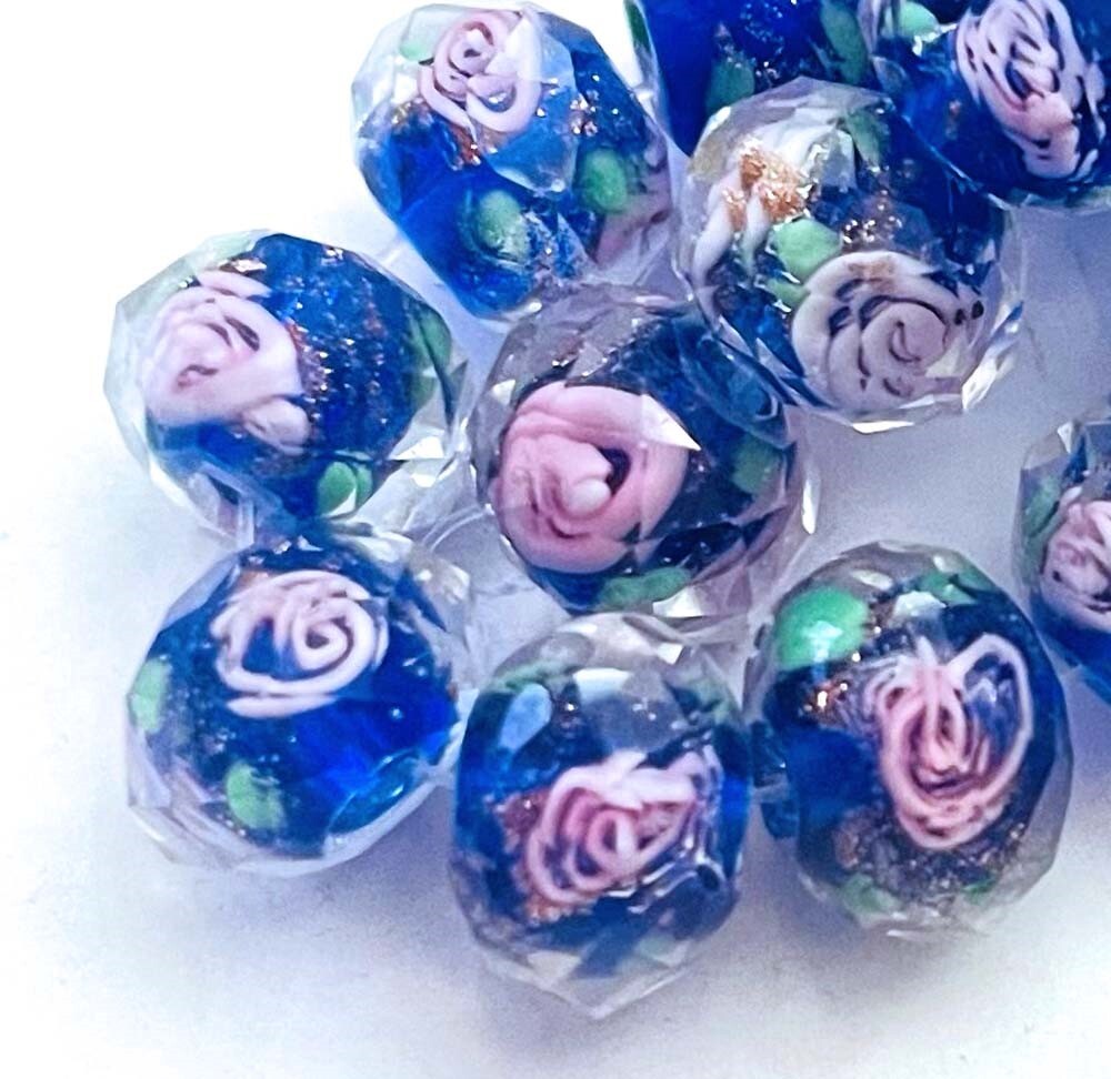 14 Encased Rose Flower Glass Faceted Rondelle Beads – Cobalt Blue 12x8mm