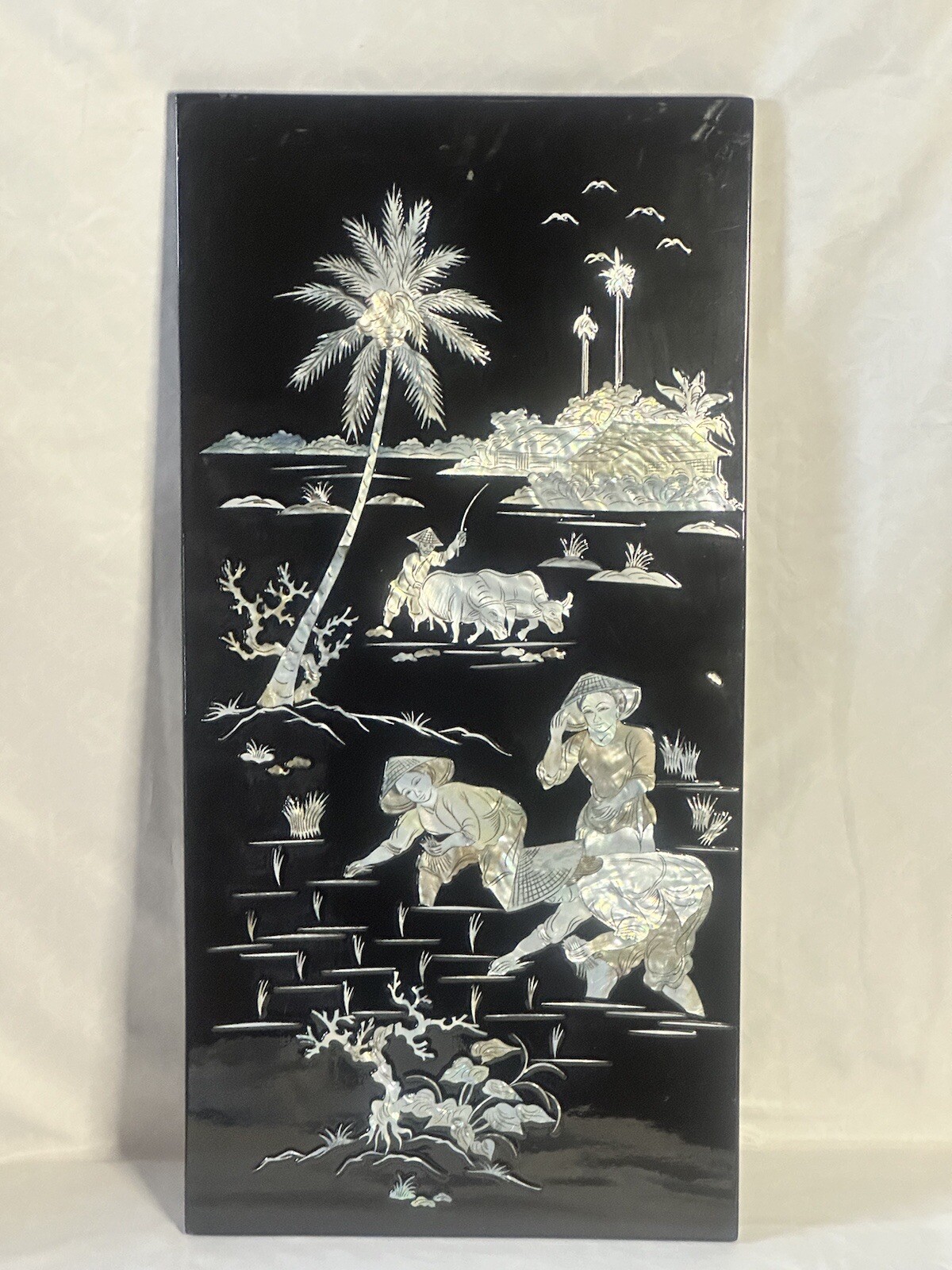 Chinese Wall Art Mother Of Pearl On Black Lacquerware 23.58” Tall 11 3/8” Wide