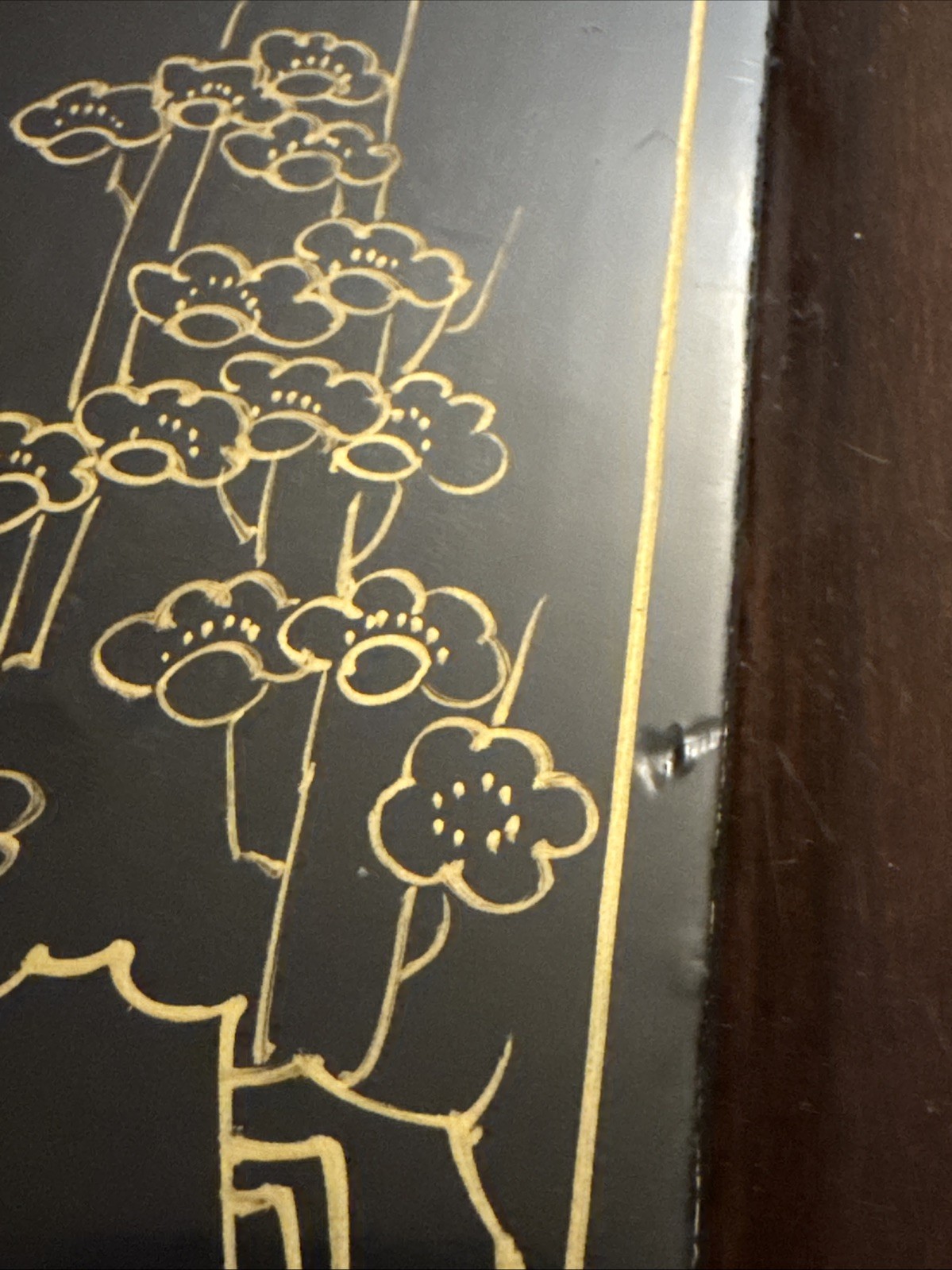 Vintage Oriental Black Lacquer Mother of Pearl Geisha 4 Panel Table Screen