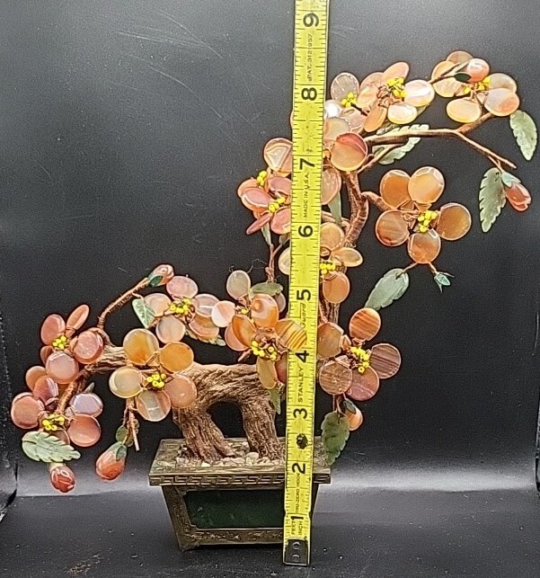 Chinese Carnelian & Green Nephrite Jade Bonsai Tree Brass Etched Base Hong Kong