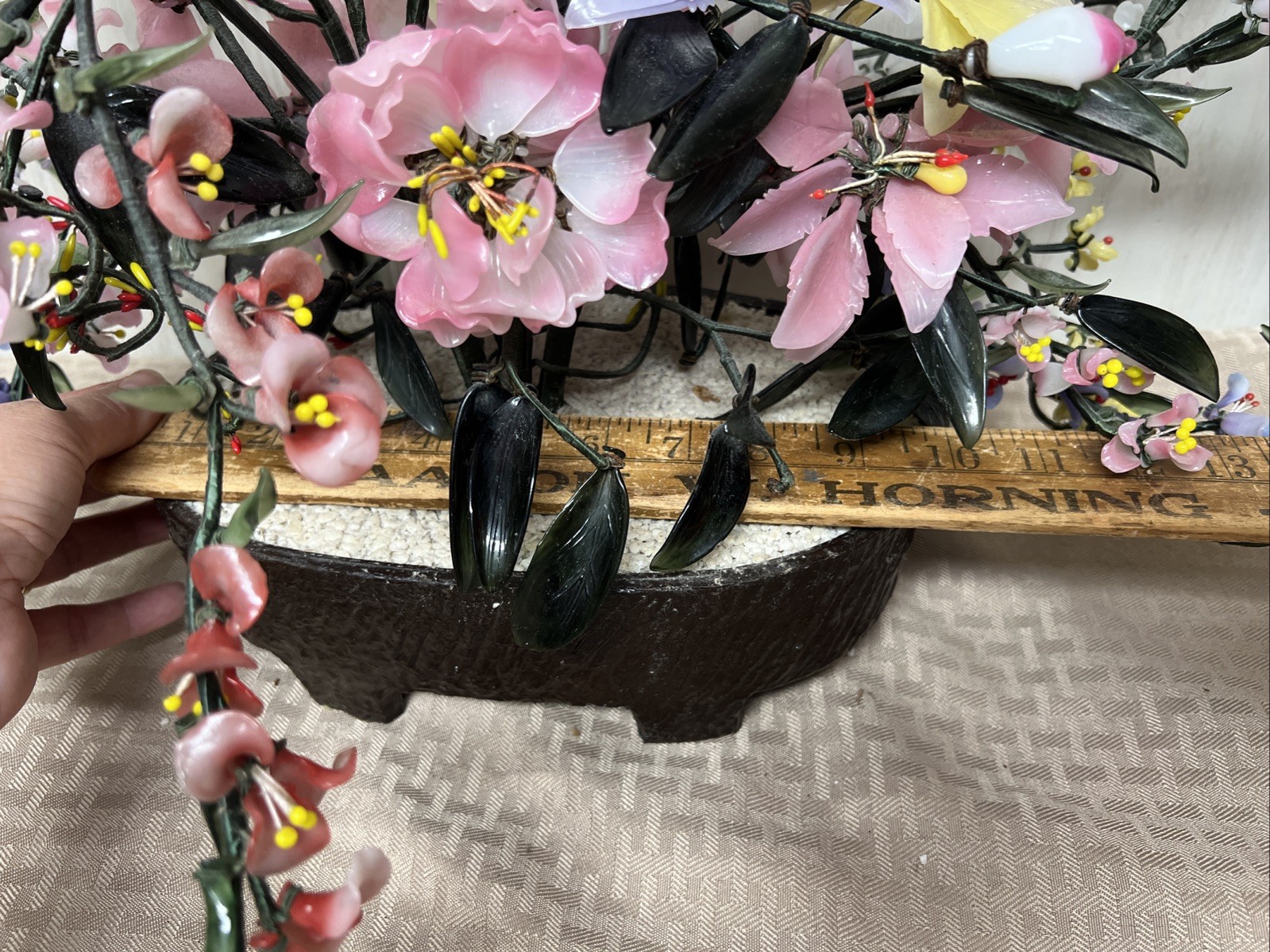 Vtg Jade Bonsai Flower Tree Pot Green Pink Quartz Glass Plant Large China
