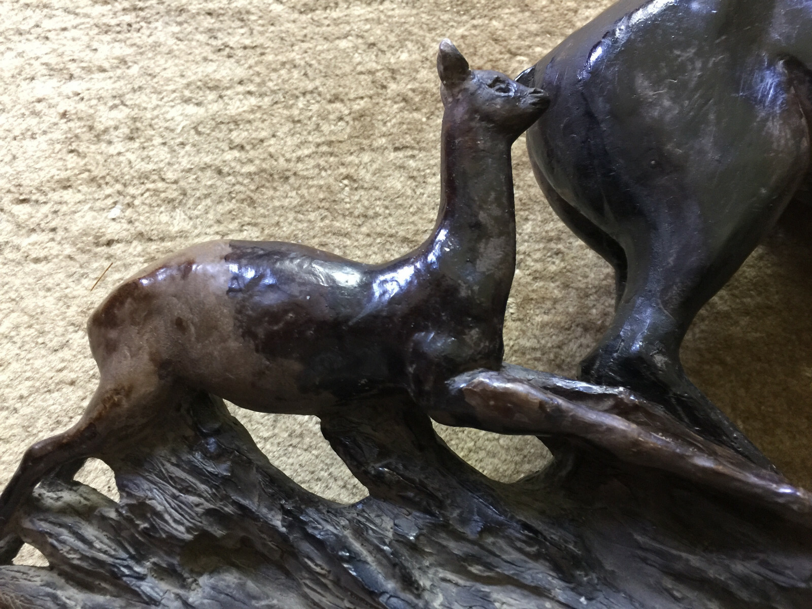 Vintage Burl wood carving of A Dear & its baby Signed E. A. 1980 8-1/4″H x19″L