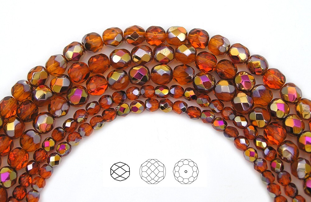 Czech Glass Fire Polished Round Faceted Beads Indian Red Sun Santander 3m 4mm 6m