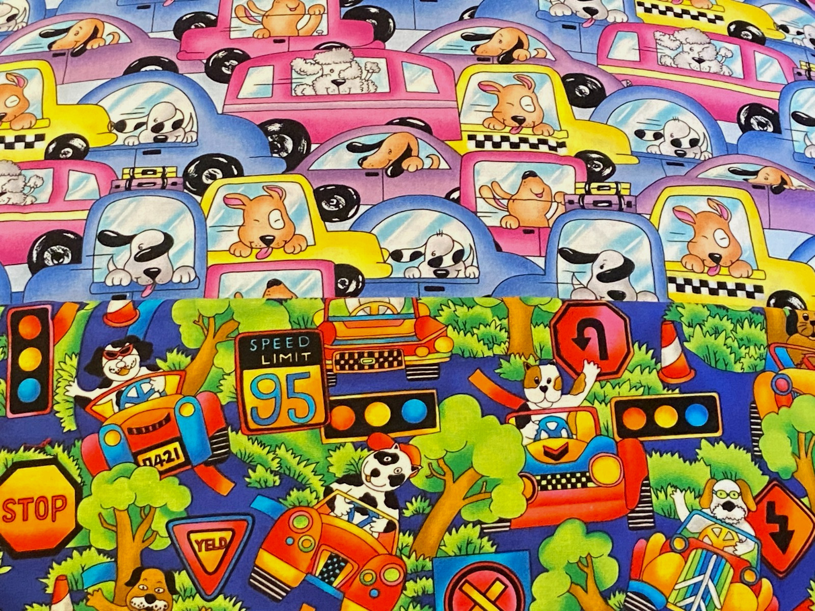 Vtg DOGS Doggies PUPPY Driving CARS ~ 2 pcs of Cotton Fabric 13″x 43″ & 19″x45″