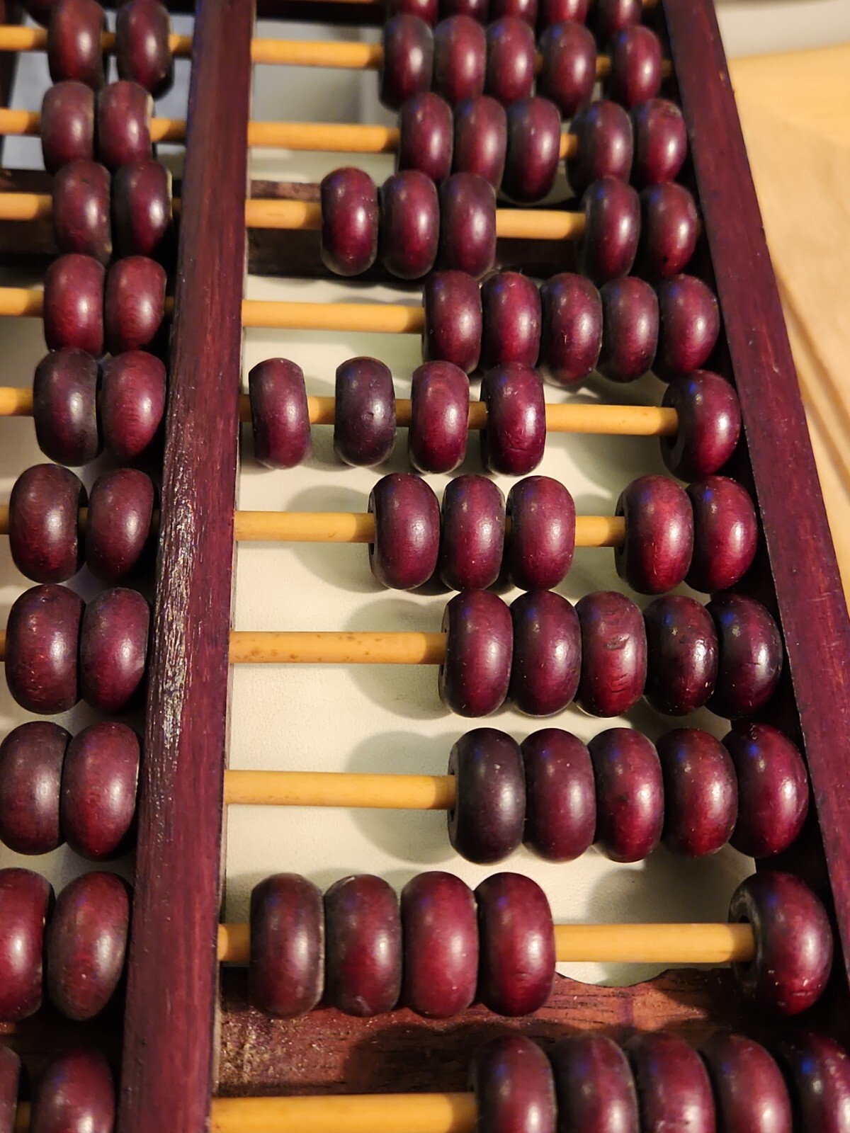 Vintage Chinese Red Lion abacus Wuhan China, wood brass?accents w 13 rods, as is