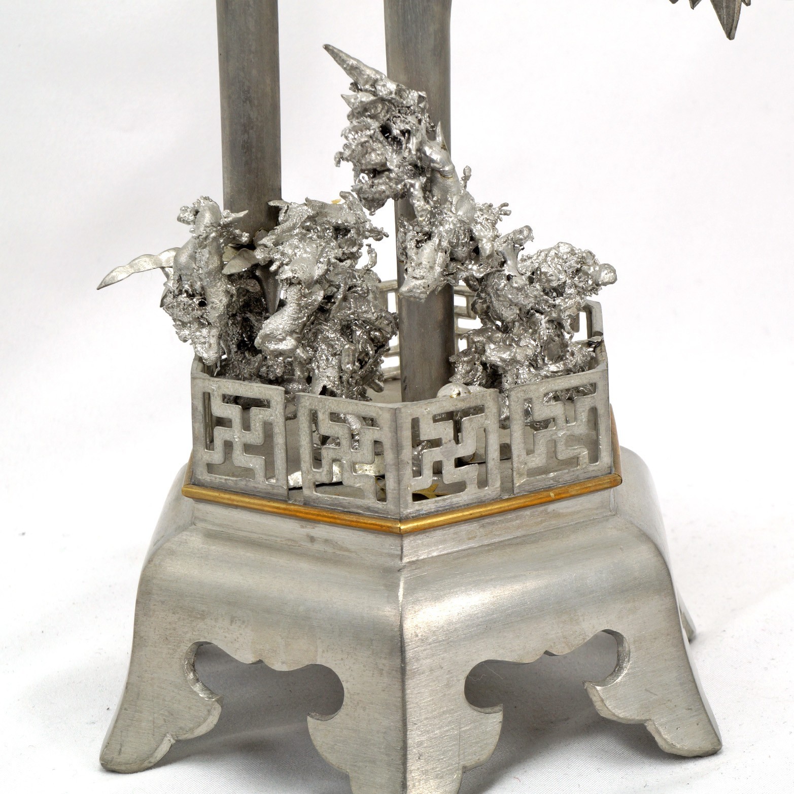 Pair Chinese Mixed-Metal Pewter Crane Sculptures Candlesticks