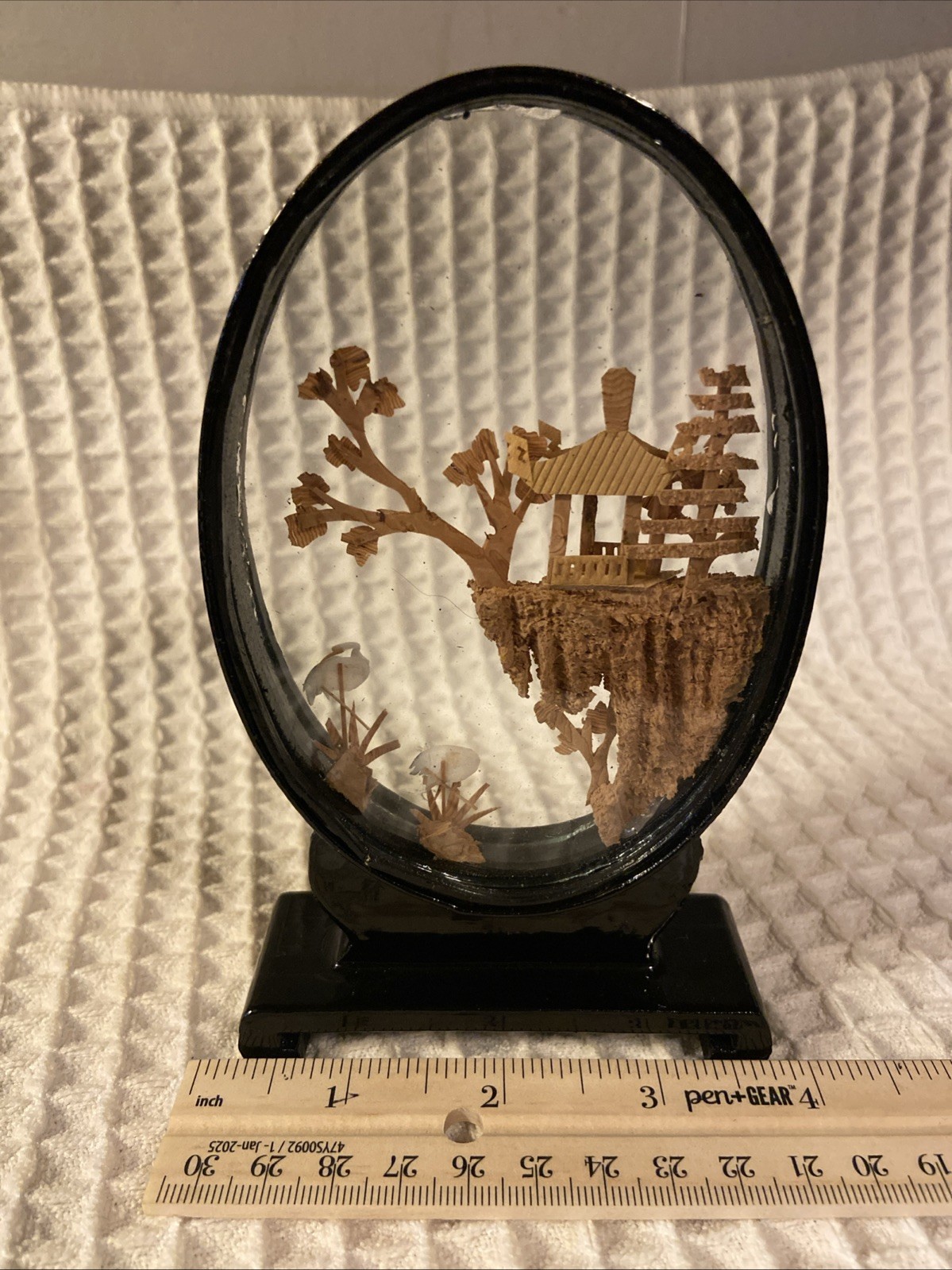 Vintage Handcrafted Japanese Cork Art Scene Framed By Black Lacquered Wood 6”x4”
