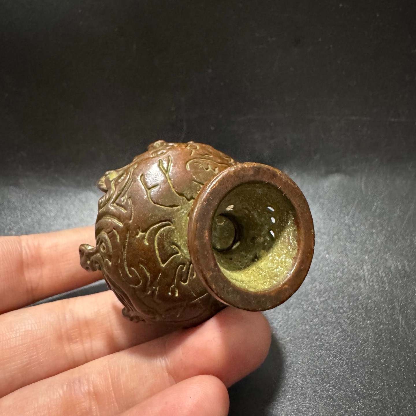 Patinated Bronze Mini Boshan Incense Burner Chinese Antique Hollow Censer Orname