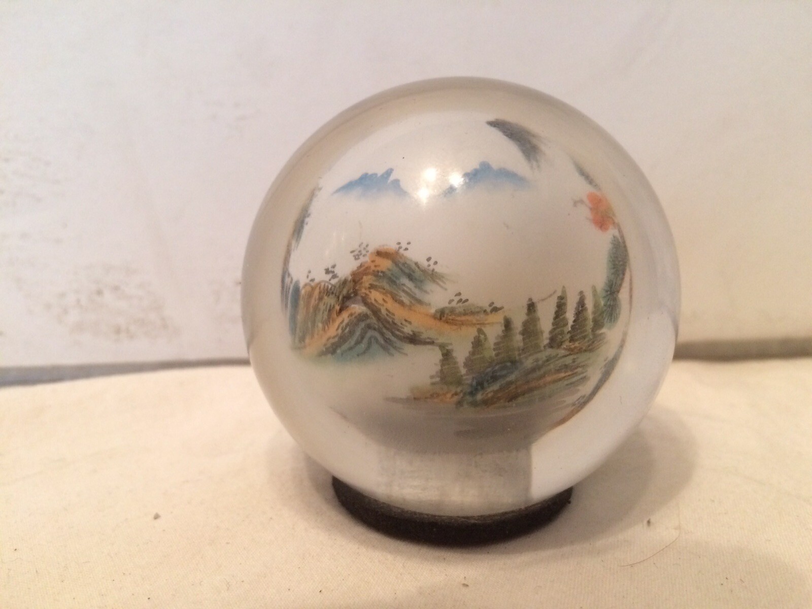 VTG Reverse Painted Glass Ball Sphere Paper Weight Oriental Asian Mountain Scene