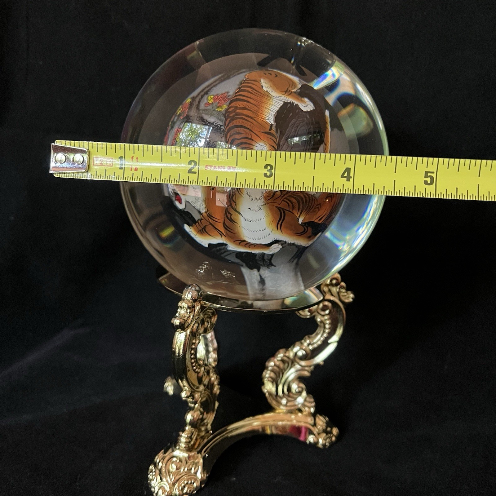 Chinese Glass Globe Five Tigers Inside Painted Reverse Art Lg 4.5in On Gold Base